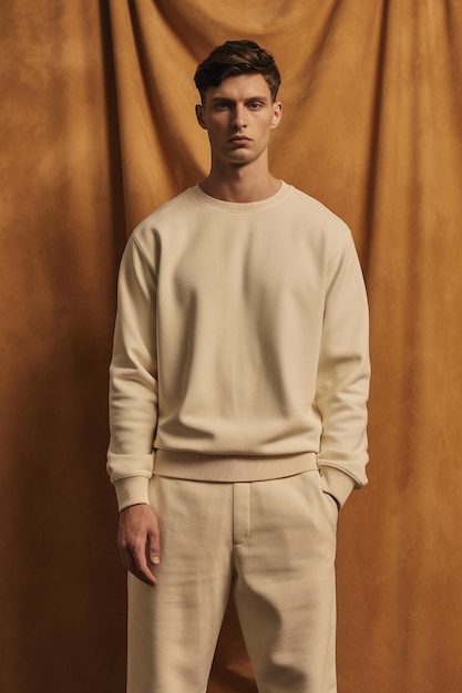 A man in a beige sweater stands in front of a brown wall.