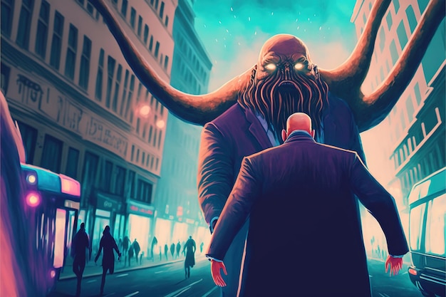 Man being taken over by a monster digital art style illustration painting fantasy concept of a man near the monster