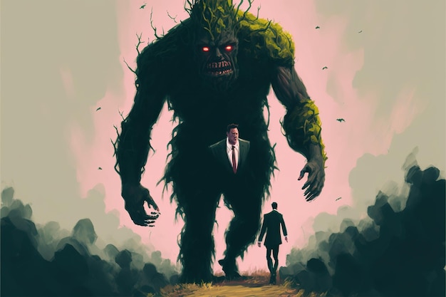 Photo man being taken over by a monster digital art style illustration painting fantasy concept of a man near the monster