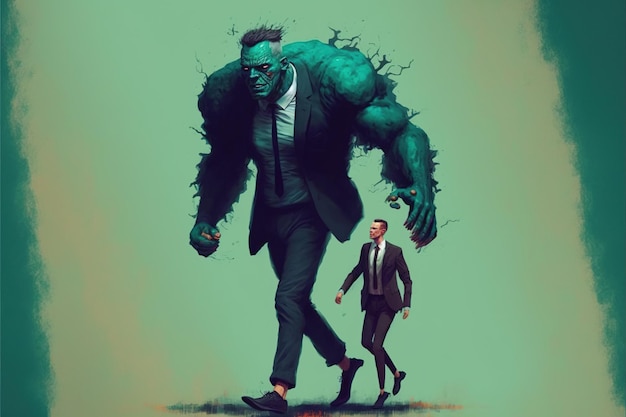 Man being taken over by a monster digital art style illustration painting fantasy concept of a man near the monster