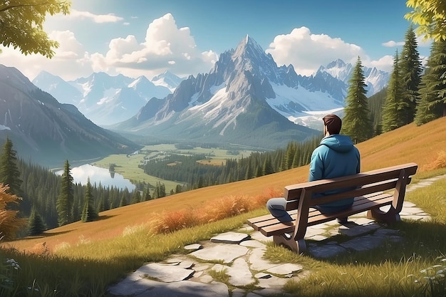 美しい山の風景を楽しんでいるベンチに座っている男 ストックイラスト