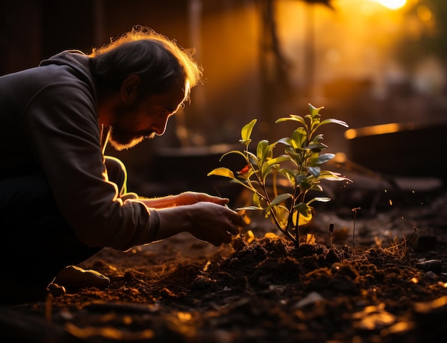 人間は地面で成長する小さな灌木に身をかがめ 農夫は植物を愛して世話します ぼんやりした背景 生成的なAI