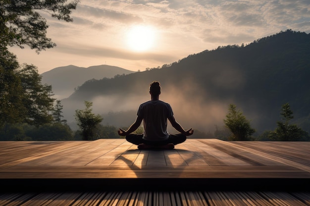 Man beoefent yoga op een houten terras