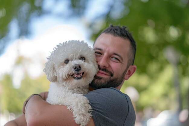 Photo man and bichon frise celebrate national pet day