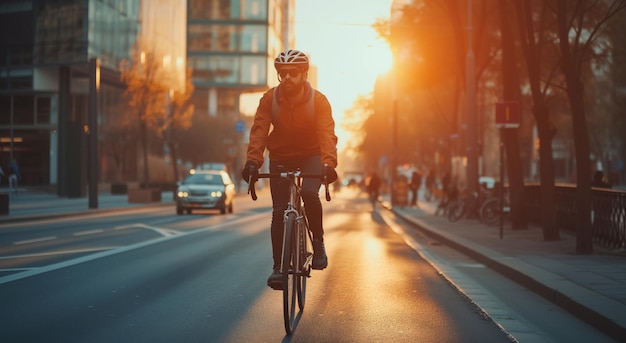 Man bicycle and environmentally friendly transport for commute transportation and travel sunrise