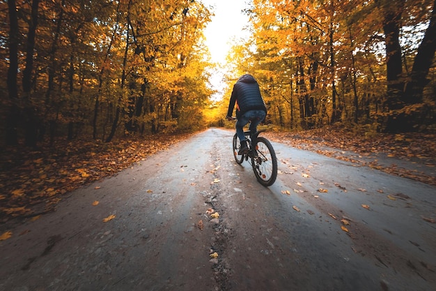 Un uomo in bicicletta percorre la strada nella foresta autunnale la sera al tramonto