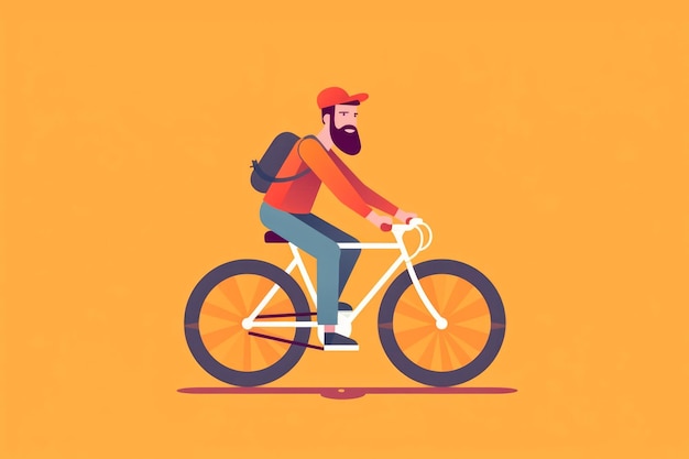 Photo man on a bicycle with a backpack bearded cyclist riding a bike