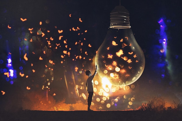 man and big bulb with glowing butterflies inside,illustration painting