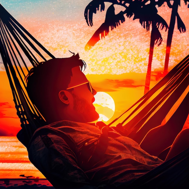 Man bij zonsondergang in een hangmat aan zee 3d illustratie Generatieve AI