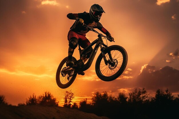 A man on a bike is jumping in the air with the sun behind him.