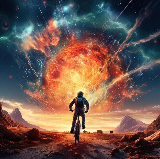 a man on a bike is standing in front of a star filled sky.