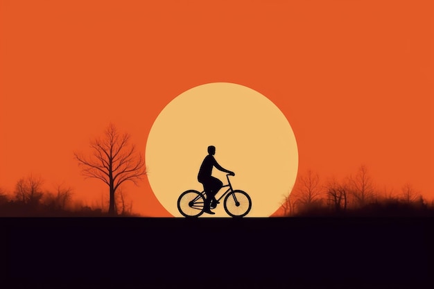 Foto un uomo in bicicletta cammina verso il tramonto contro un bellissimo paesaggio naturale
