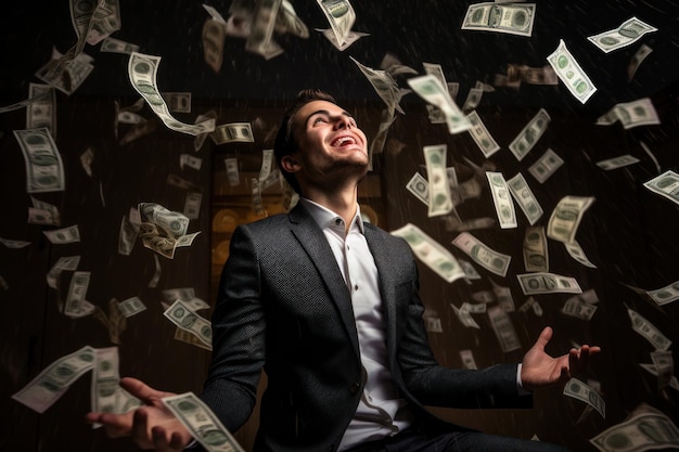 Фото Человек-миллиардер доллар деньги летают по воздуху иллюстрация эпический момент денег генеративный ии