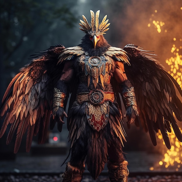 A man in a bird costume stands in front of a fire with a burning fire in the background.