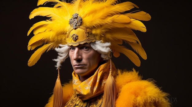 A man in a bird costume with a yellow feathered