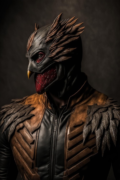 A man in a bird mask with the red eyes and the yellow beak is wearing a leather jacket