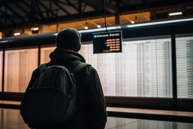 A man in a black backpack stands in front of a sign that departure