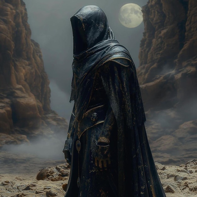 a man in a black cape stands in front of a large moon
