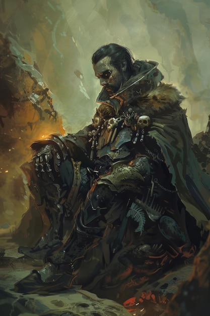 a man in a black cloak sits on a rock with a skull on his shoulder