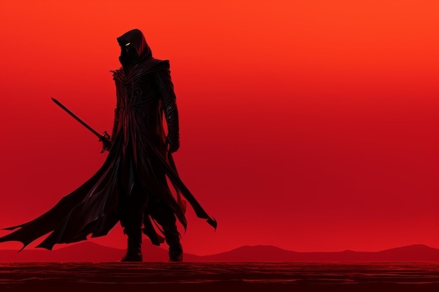 Photo a man in a black cloak with a sword standing in front of a red sky