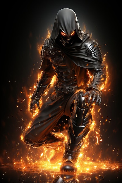 a man in a black garment with fire on his face