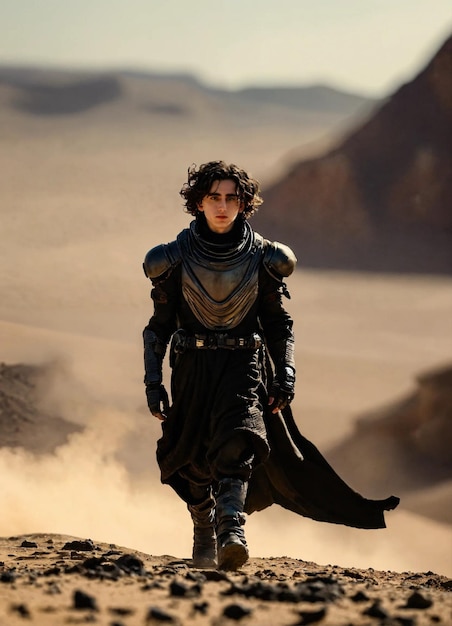 A man in a black and grey outfit is walking in the desert