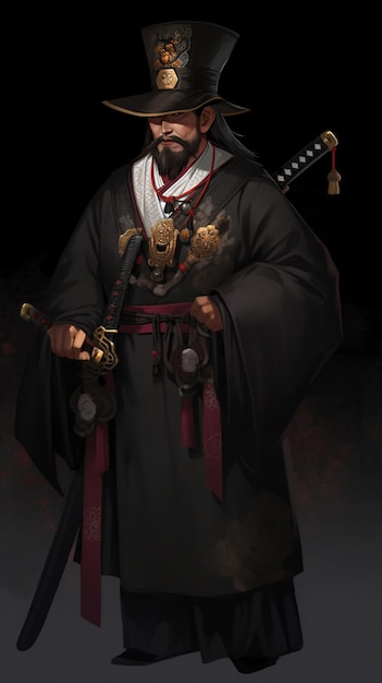 a man in a black hat and a black robe holding a sword