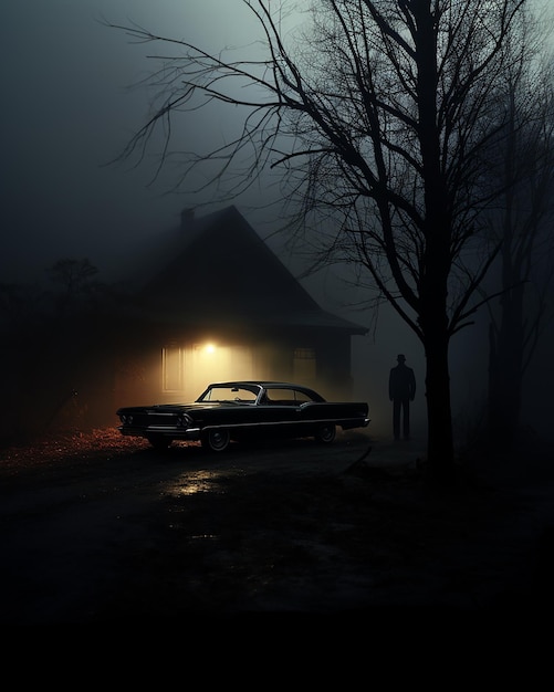 man black hat and Car is standing by a house at night