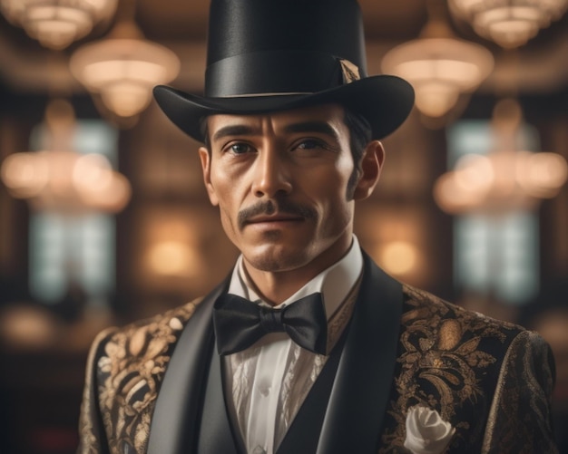 Photo a man in a black hat with a gold bow tie.