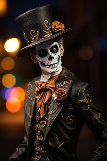 A man in a black hat with a painted face Concept for the day of the dead or Halloween Generative AI