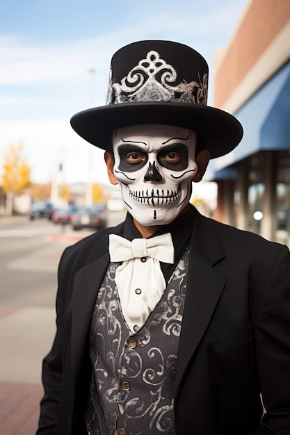 A man in a black hat with a painted face Concept for the day of the dead or Halloween Generative AI