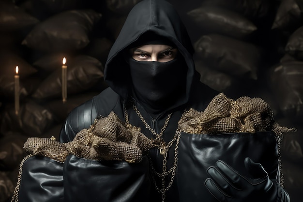 A man in a black hood holds a bunch of cash in front of a pile of bags of cash