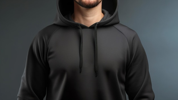 Man in black hooded sweatshirt on dark background