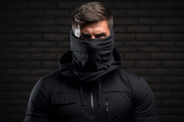 a man in a black hoodie and face mask