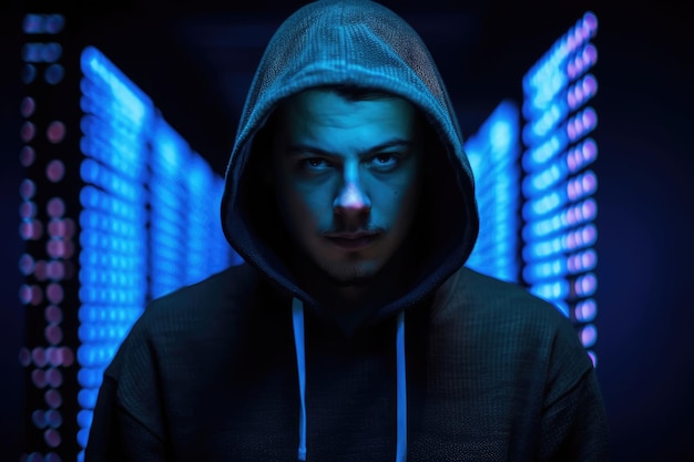 Man in a black hoodie hood is up face is black hacker generative ai