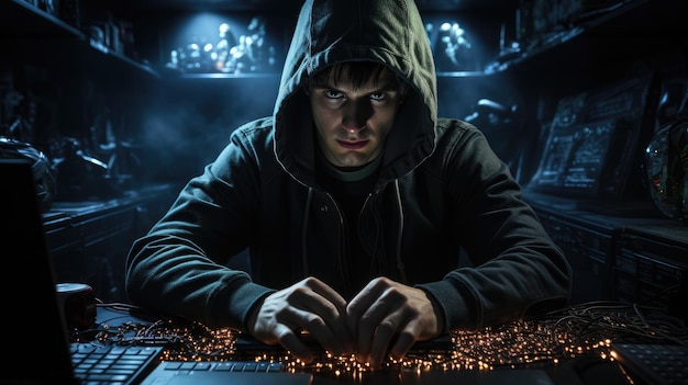 A man in a black hoodie is hacking