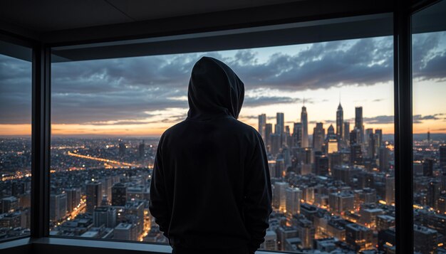 A man in a black hoodie looks out over a city at dusk