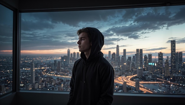 A man in a black hoodie looks out over a city at dusk