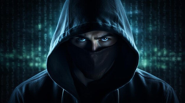 Photo man in black hoodie and mask with glowing green background