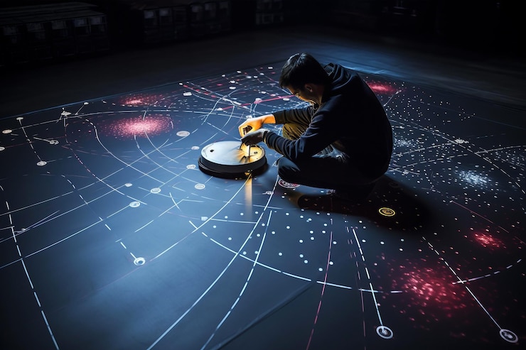 Photo a man in a black hoodie sitting on the floor and playing a turntable on a dark background
