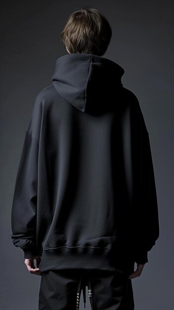 a man in a black hoodie standing in front of a gray background