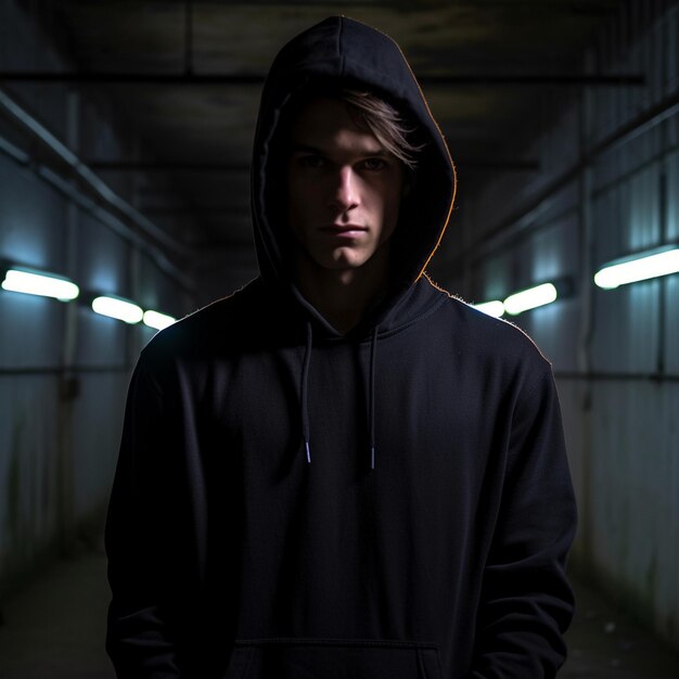 a man in a black hoodie stands in a tunnel with a light on the ceiling.