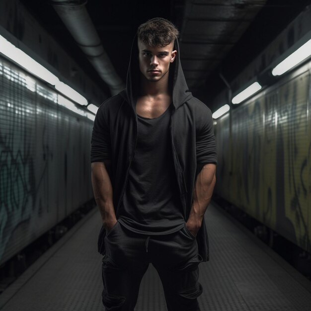 a man in a black hoodie stands in a tunnel.