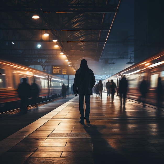 Man in black hoodie walking on train station platform at night with blurred people in the background