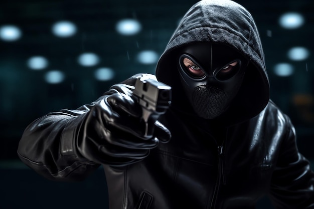 A man in a black hoodie with a hood and a mask with the word thief on it