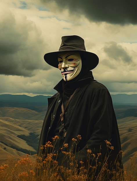 a man in a black jacket and a hat is standing in a field with mountains in the background.