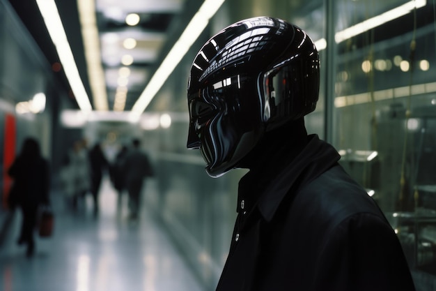 Photo a man in a black jacket and helmet walking down a hallway