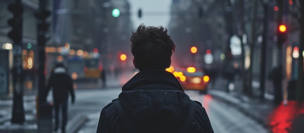 Man in black jacket walking alone on city street from behind in slow motion