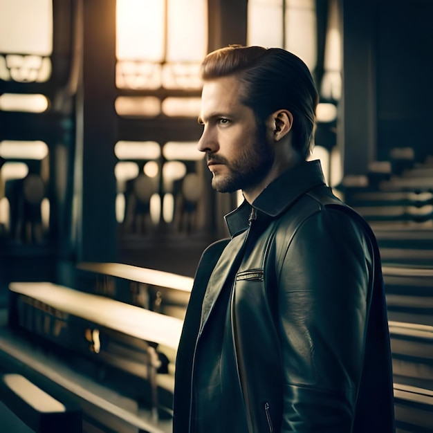 A man in a black leather jacket stands in a dark room with a church in the background.