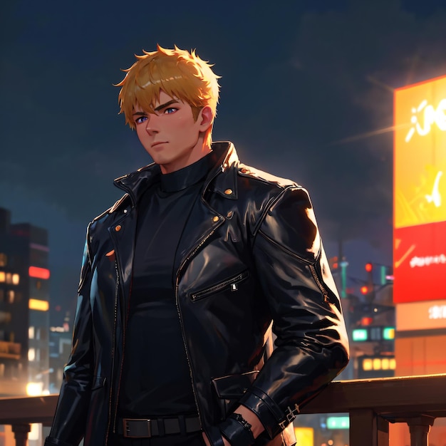 A man in a black leather jacket stands in front of a billboard